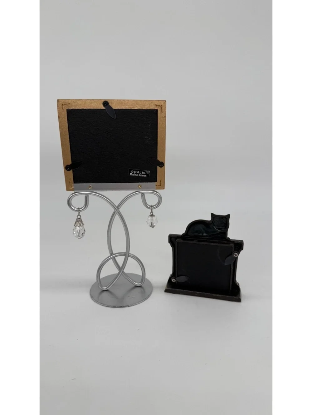 Lot of 2 Decorative Mini Picture Frames Cat Metal Crystal Tabletop